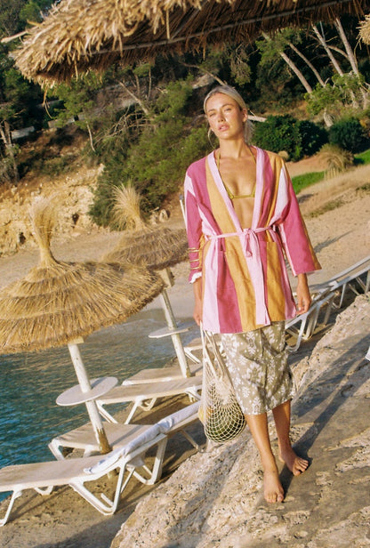 portsea short robe - berry stripe