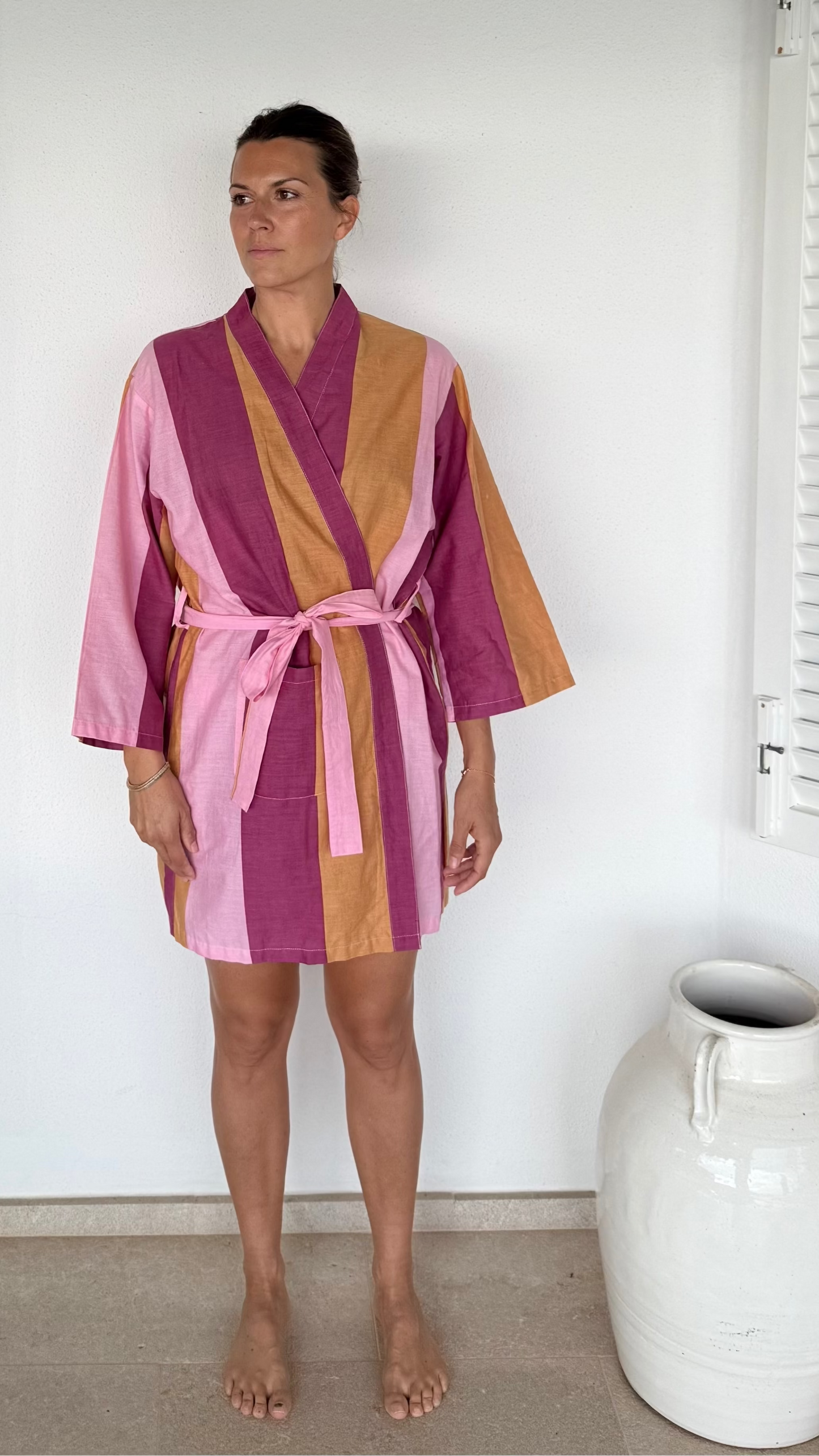 portsea short robe - berry stripe