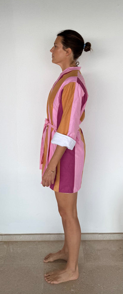 palma short towel robe - berry stripe