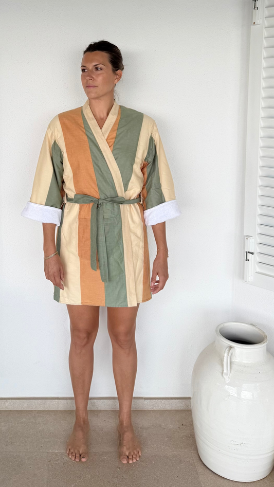 palma towel short robe - forest stripe